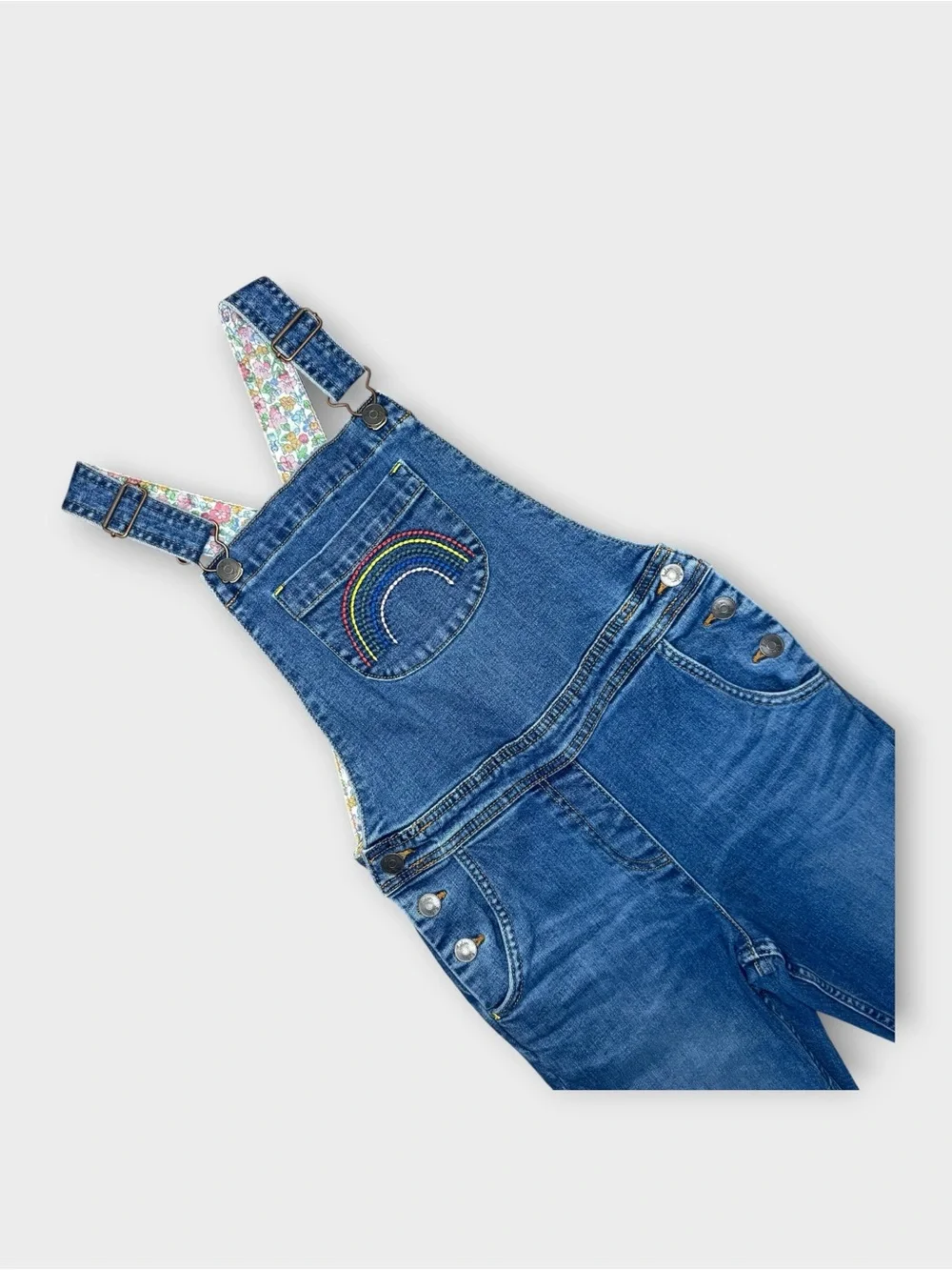 Mini Boden Rainbow Chest Embroidered Dark Wash Denim Overalls